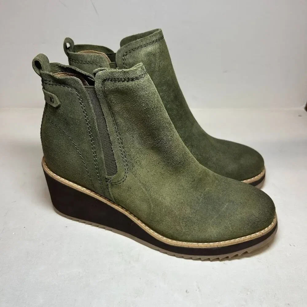 Earth Womens 7.5 M Dark Green Leather Cleia Wedge Heel Ankle Booties NIB QK4